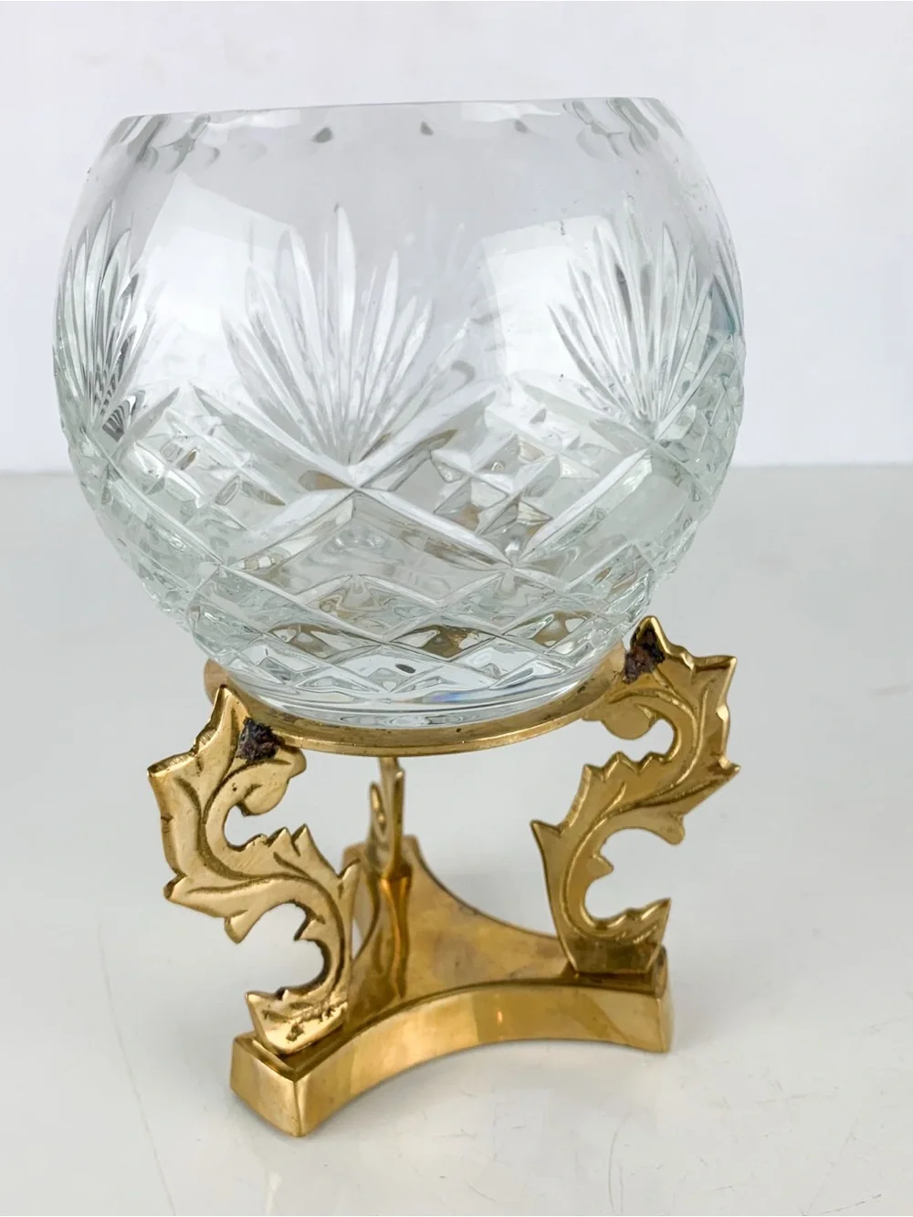 Vintage Cut Crystal Rose Bowl With Ornate Scroll Brass Stand Hollywood Regency